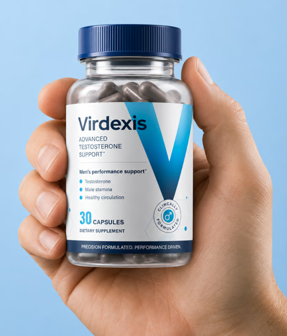 Virdexis Advanced Testosterone Support, 30 capsules dietary supplement bottle held in hand